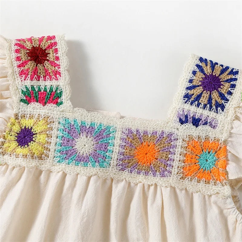 2025-02-07 Lioraitiin Newborn Baby Girl Summer Romper Fly Sleeve Square Neck Crochet Flower Bodysuit Playsuit