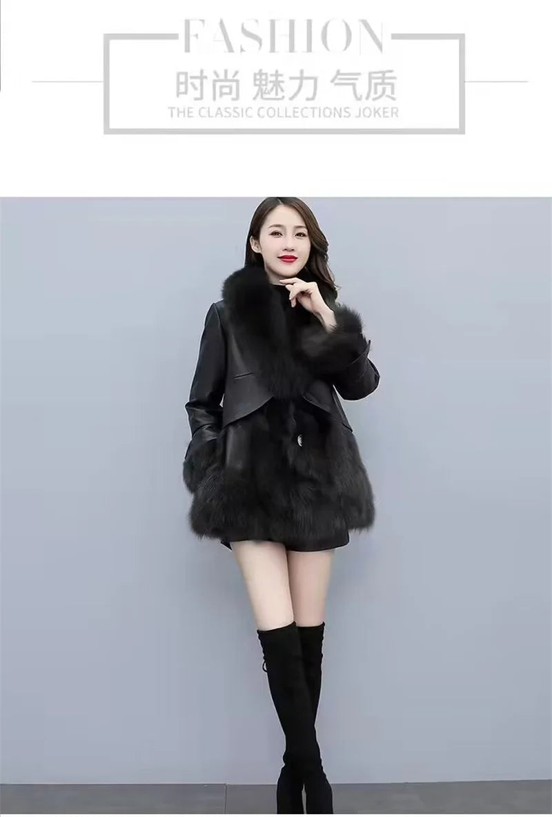 2025 Women Mid-Long Style Faux Fur Jacket Winter Female Pu Leather Splicing Fur Outwear Ladies Long Sleeve Thicken Warm Fur Coat