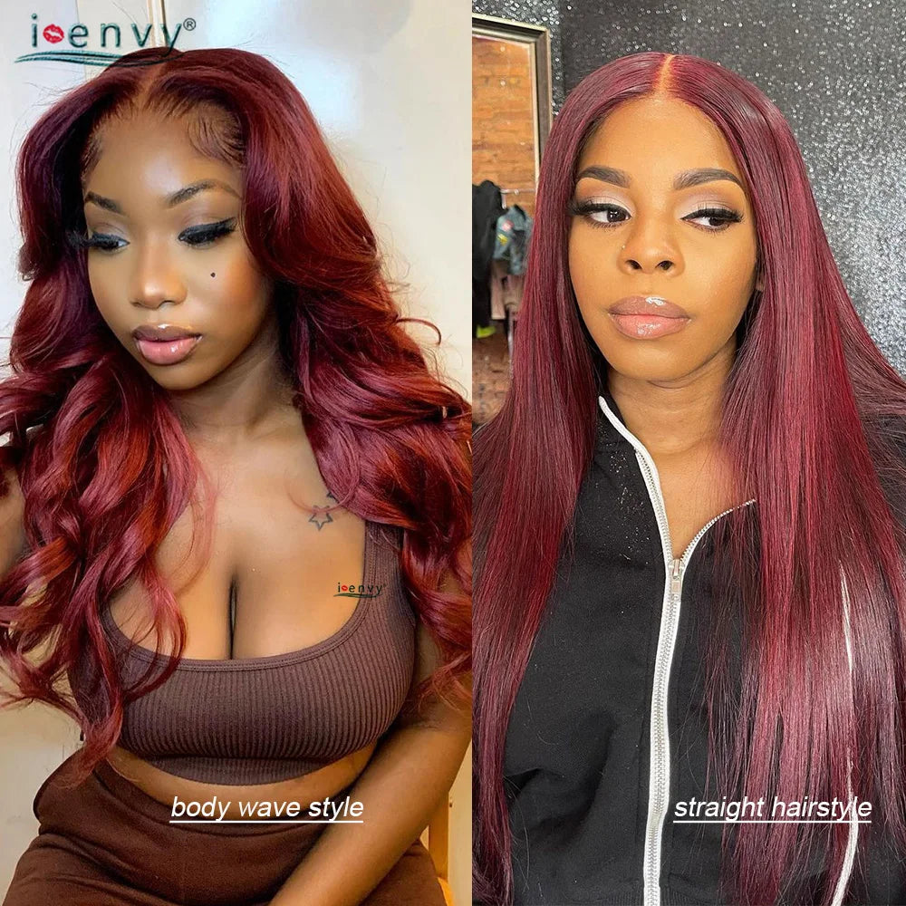 13X4 HD Transparent Lace Front Wigs Burgundy Red Human Hair Wigs PrePlucked 13X6 32Inch Body Wave Lace Front Wig For Women Curly