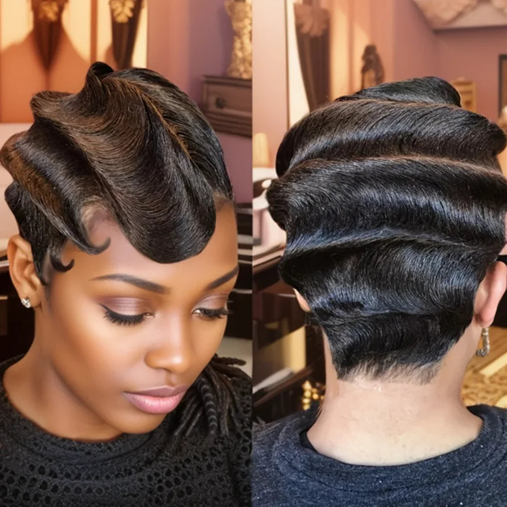 short finger wave human hair wig pixie wig natural black color for women daily party use wig pixie cut wig machine made