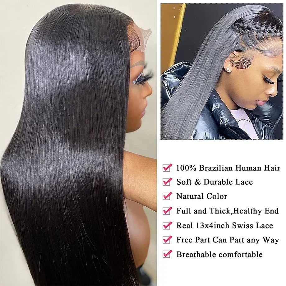 30 inch Lace Front Wig Straight Lace Frontal Wigs Pre Plucked 200% Density 13X4 Brazilian Human Hair Wig For Women Natural Black