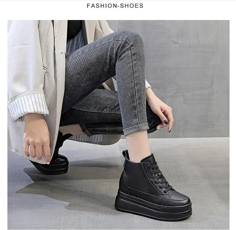 Women High Top Sneakers Platform Breathable Genuine Leather Shoes Spring Lady Wedges Casual Shoes For Woman Sports Dad Shoes 9CM