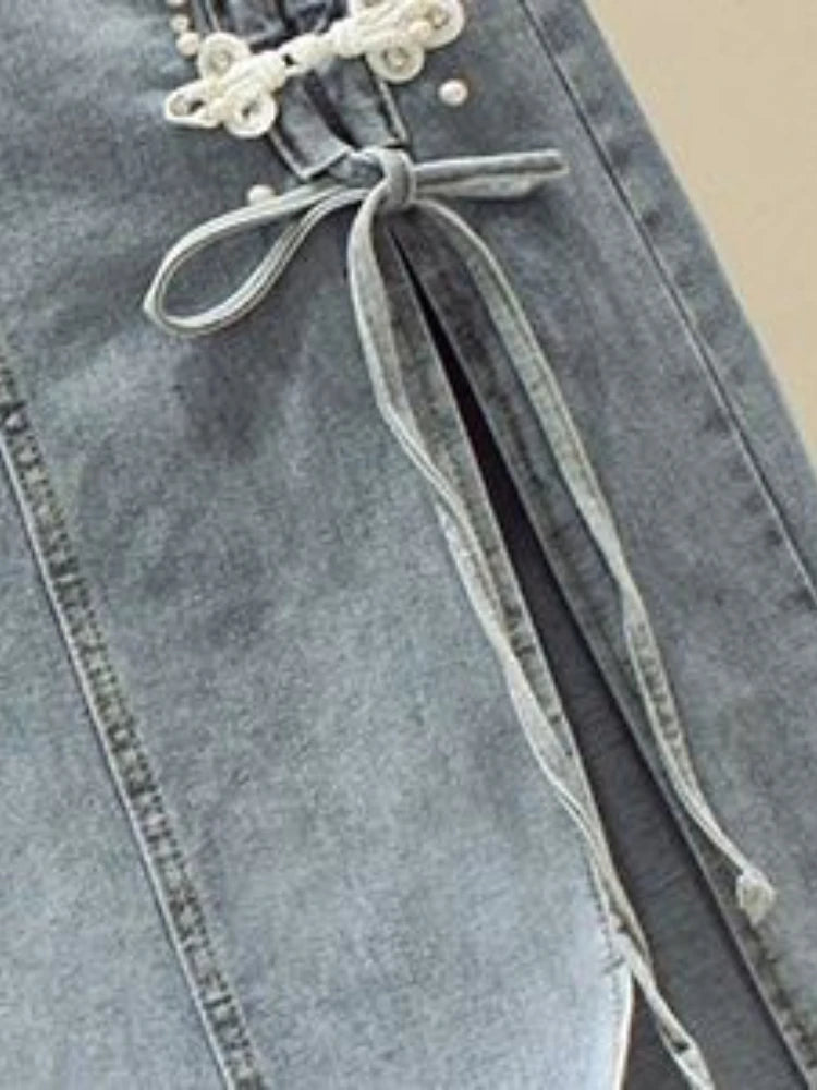 OCEANLOVE Chinese Style Button Denim Skirts for Women Spring Autumn Elegant Vintage Faldas Mujer Fashion Solid  Skirt