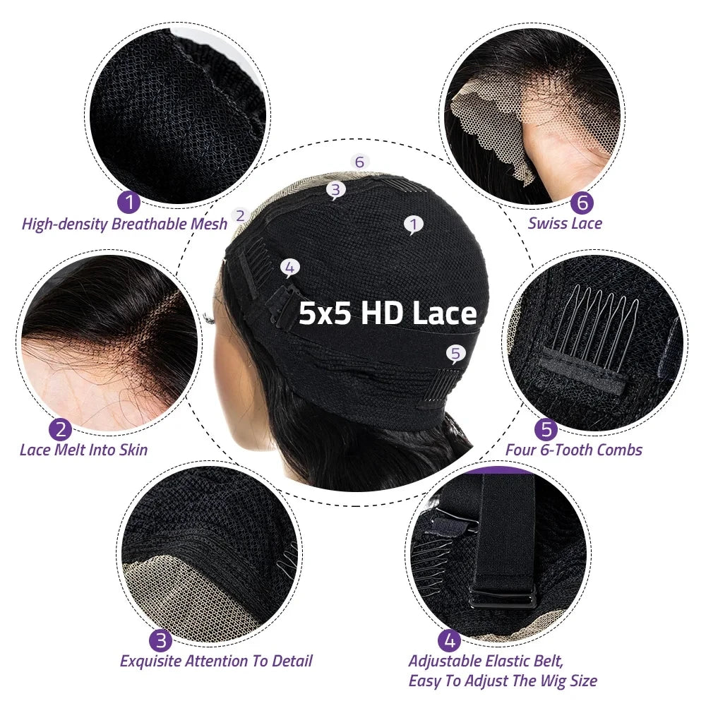 13x6 13x4 HD Transparent Bone Straight Lace Frontal Wig 5x5 Glueless Lace Front Human Hair Wigs 220 Density for Women 30 40 Inch