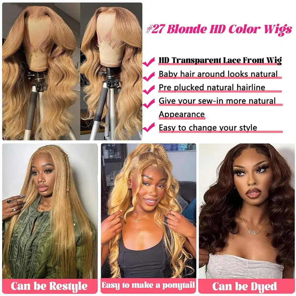 13x6 Body Wave HD Transparent Lace Frontal Wigs Human Hair 30 Inch Honey Blonde Wig Human Hair 200 Density Pre Plucked For Women