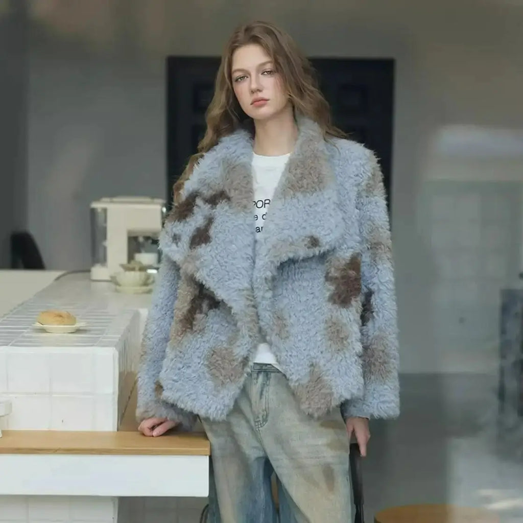 HIGH QUALITY Winter Large Lapel Curly Lamb Fur Coat Long sleeve Warm Shaggy Tie dye Gradient Faux Fur Jacket Loose Outerwear