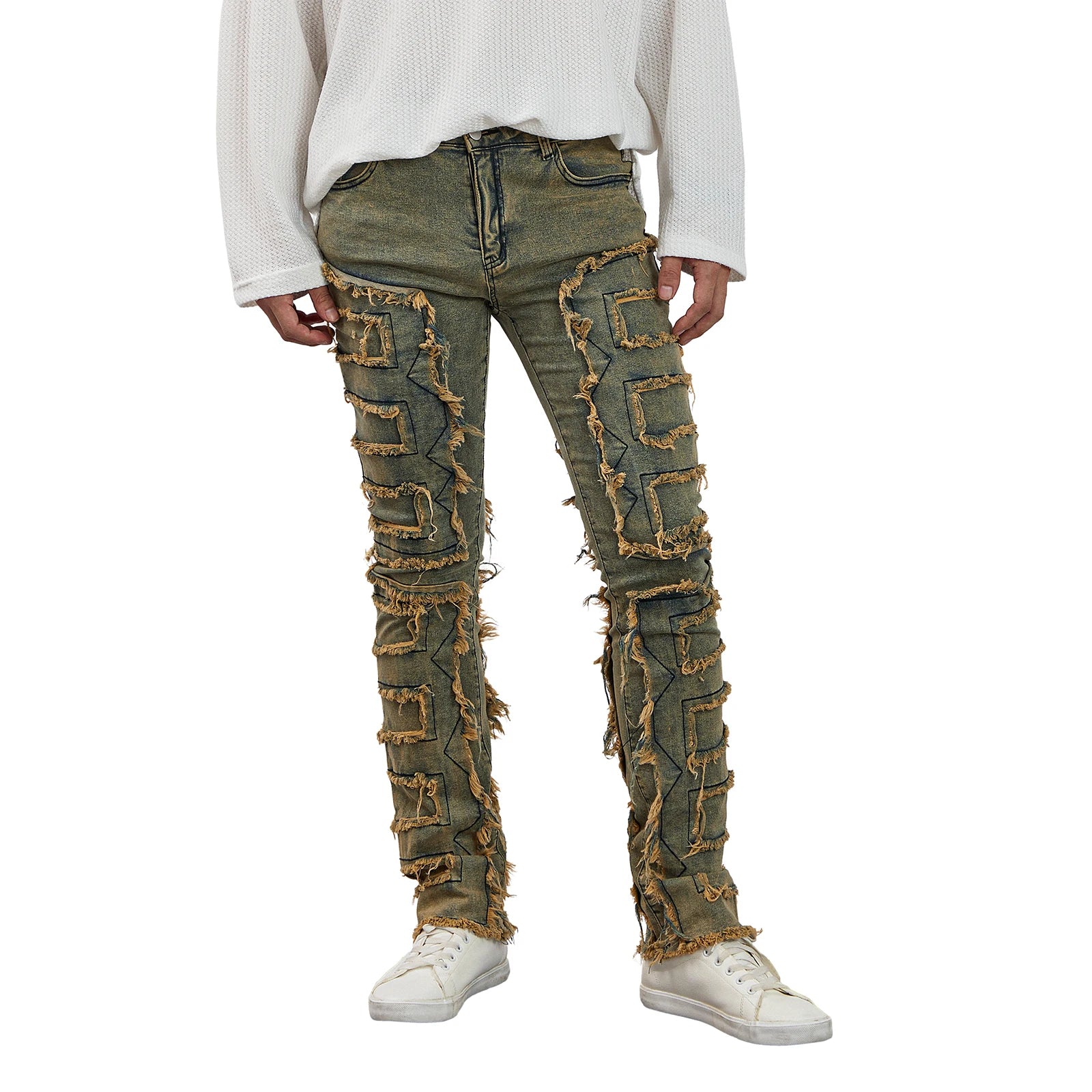 Men Skinny Pants Vintage Patch Frayed Denim Pants Spring Fall Casual Leggings Trousers with Pockets
