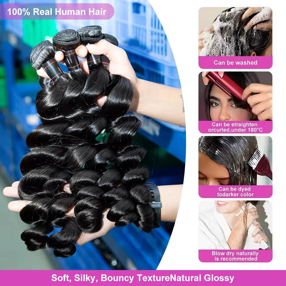 Wiglovie Loose Wave Human Hair Bundle 3 Bundle Deals 15A Peruvian Raw Curly 3/4 Pcs Double Weft Bundles Extensions For Women