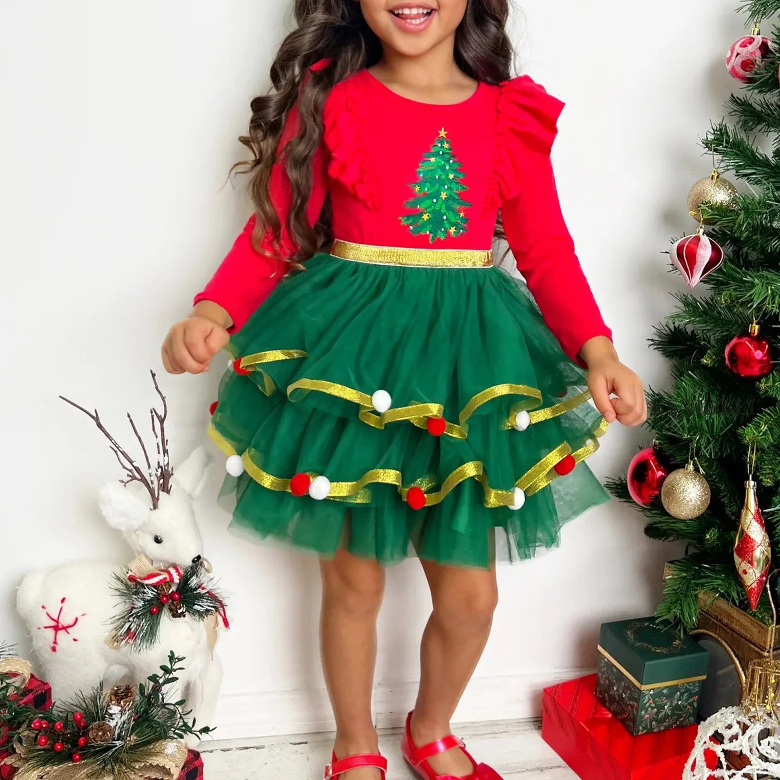 Little Girls Easter Dress Kids Children Girls Dress Christmas Long Sleeve Cartoon Snowman Tree Prints Dress Little Girls Size 4t