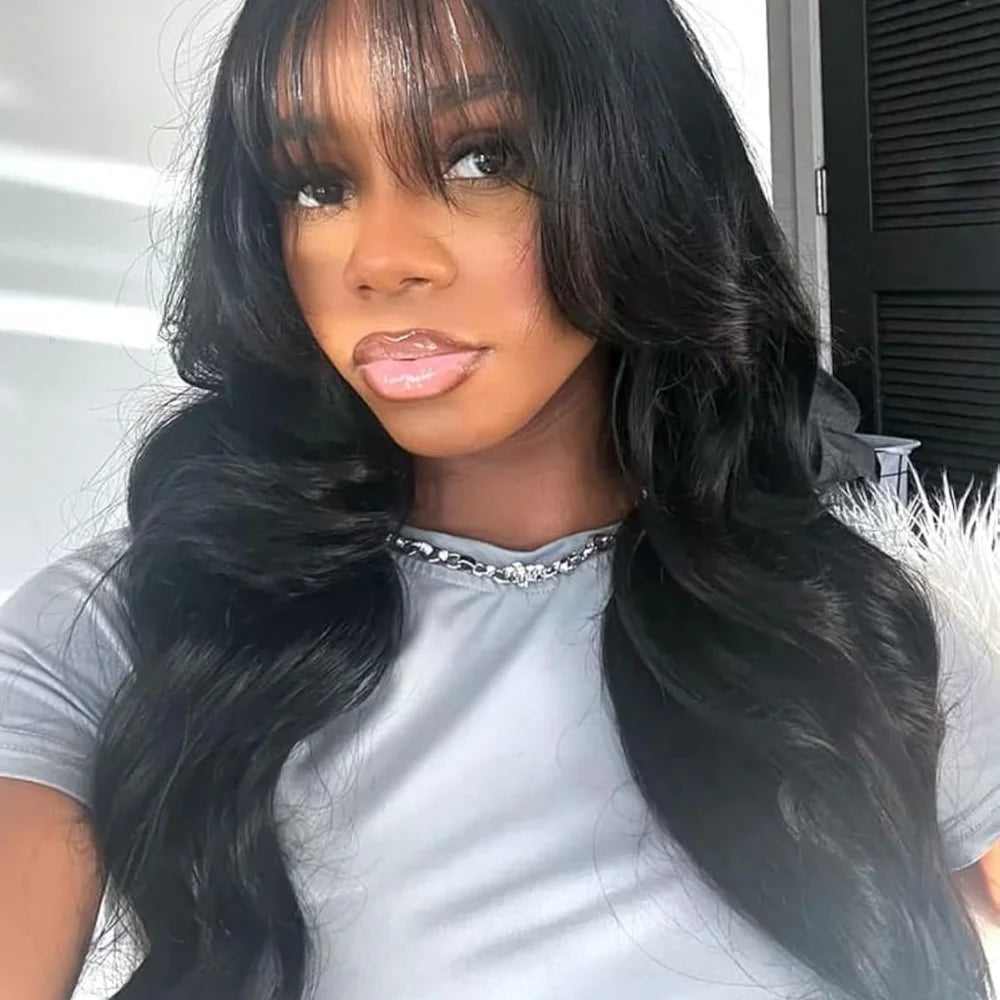 Body Wave Human Hair Wig with Bangs Middle Part 3x1 Lace Frontal Wig with Bangs Brazilian Human Hair Body Wave 34 Inch for Women