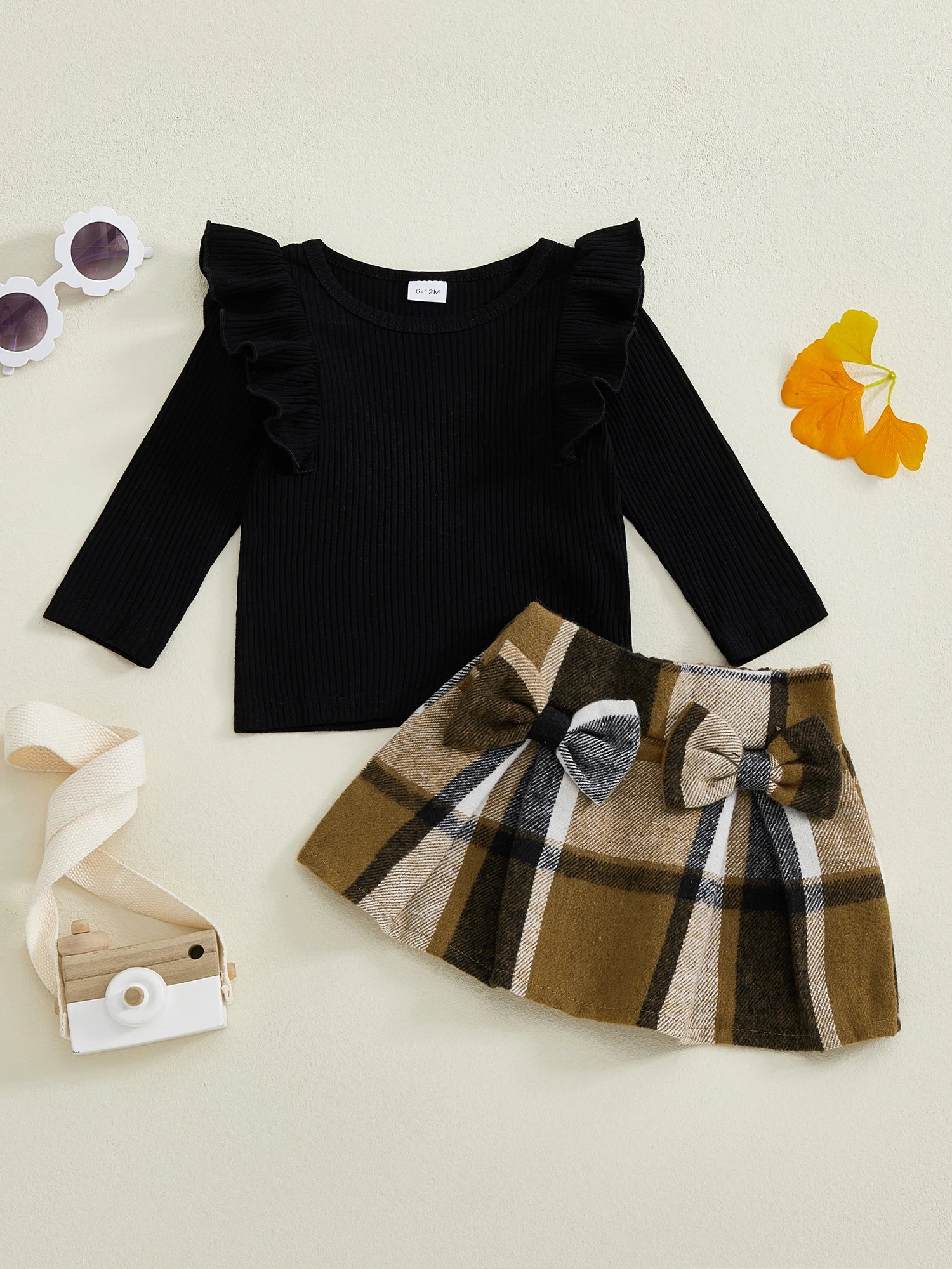 Lioraitiin Toddler Girls Autumn 2PCS Skirt Outfits Flying Sleeve Solid Color Tops A-line Plaid Skirt Set