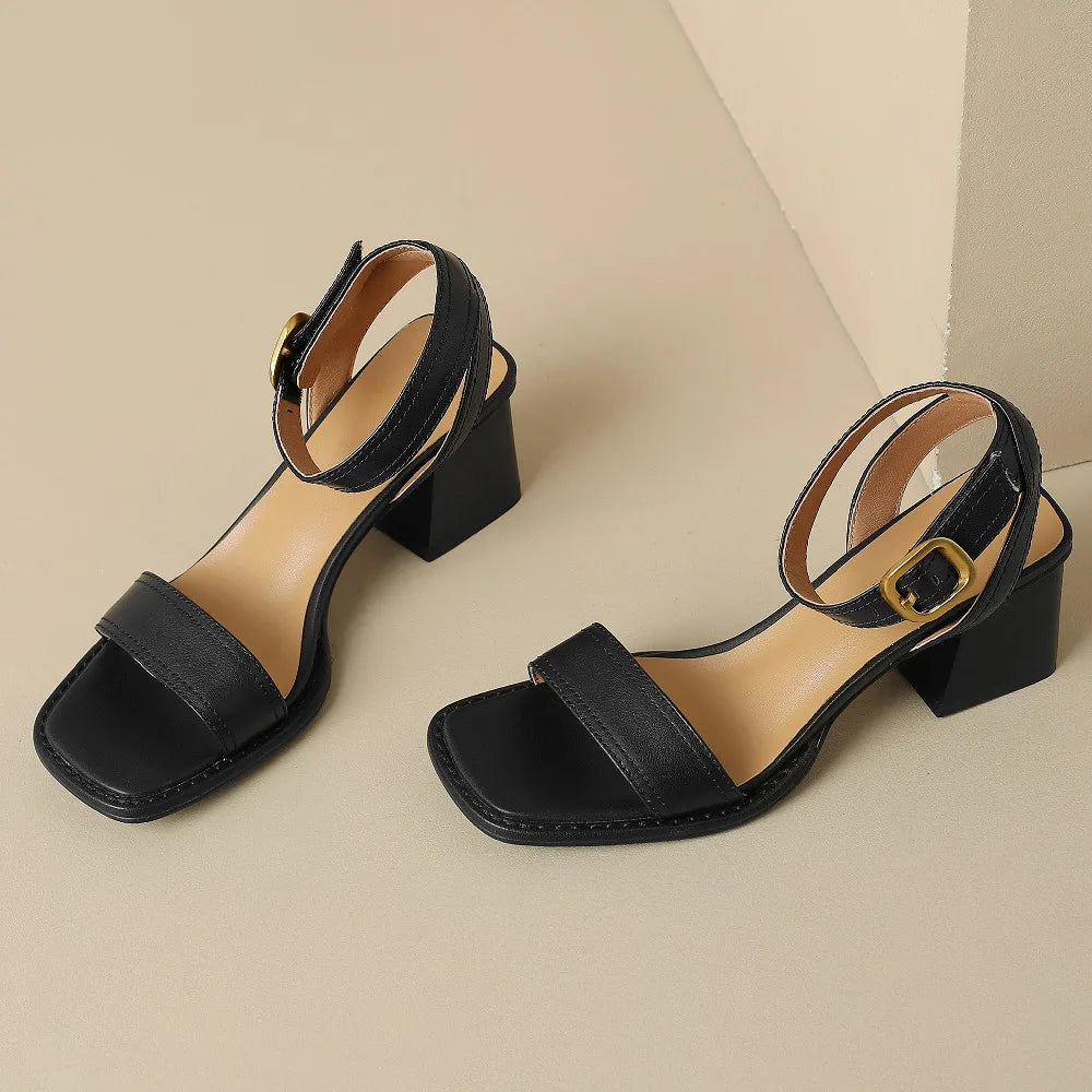 Women's genuine leather sandals narrow band ankle strap 6cm thick med heel open toe summer pumps heels casual shoes for women 42