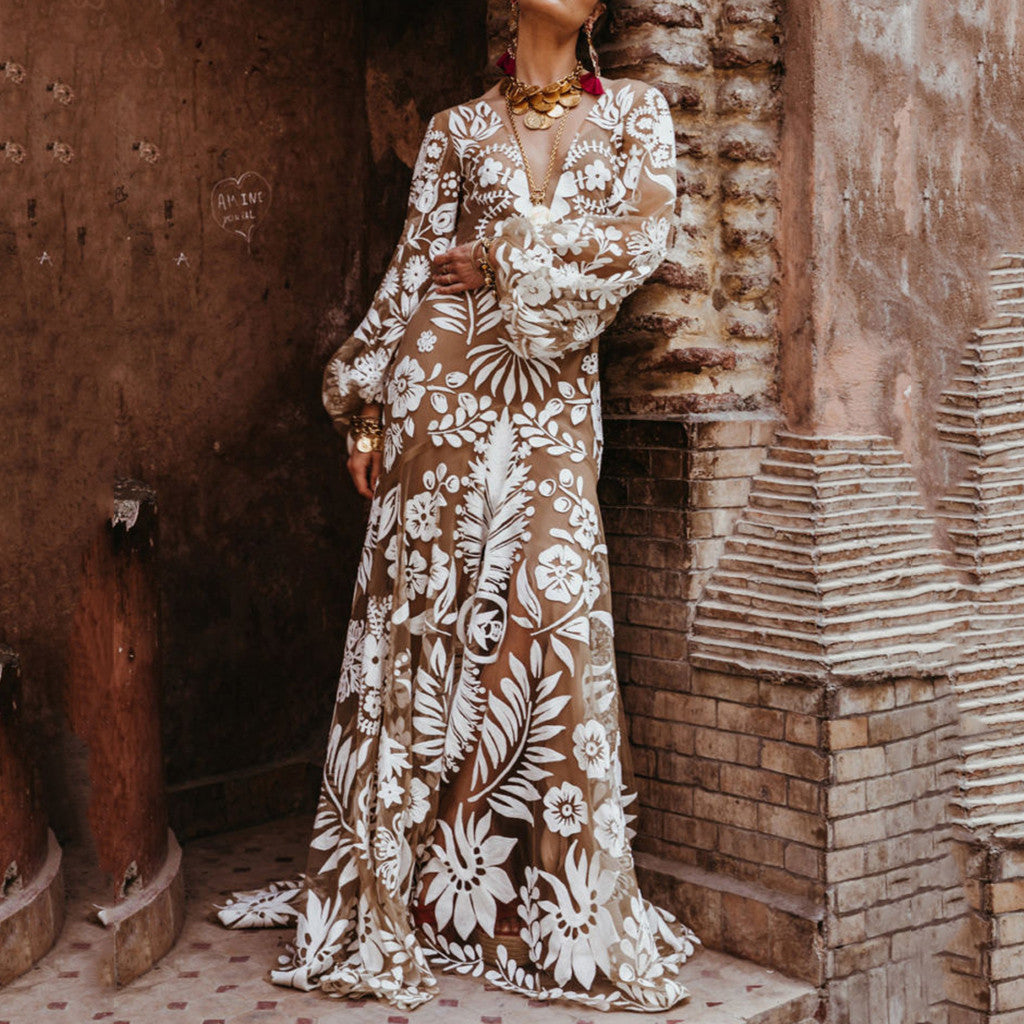 Fashion Floral Print Flared Sleeves Evening Dress Boho Women Holiday V-Neck Backless Sundress High Waist Wedding Guest Ball Gown
