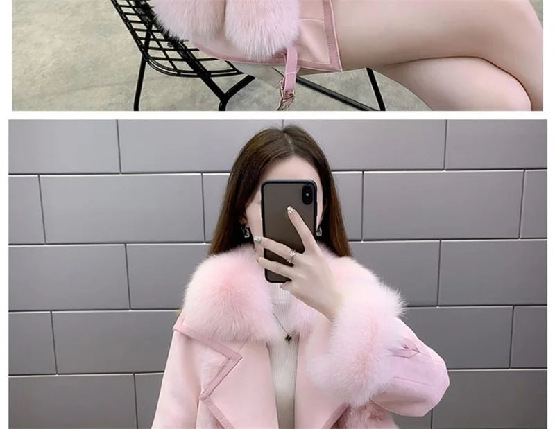 2025 Women Mid-Long Style Faux Fur Jacket Winter Female Pu Leather Splicing Fur Outwear Ladies Long Sleeve Thicken Warm Fur Coat