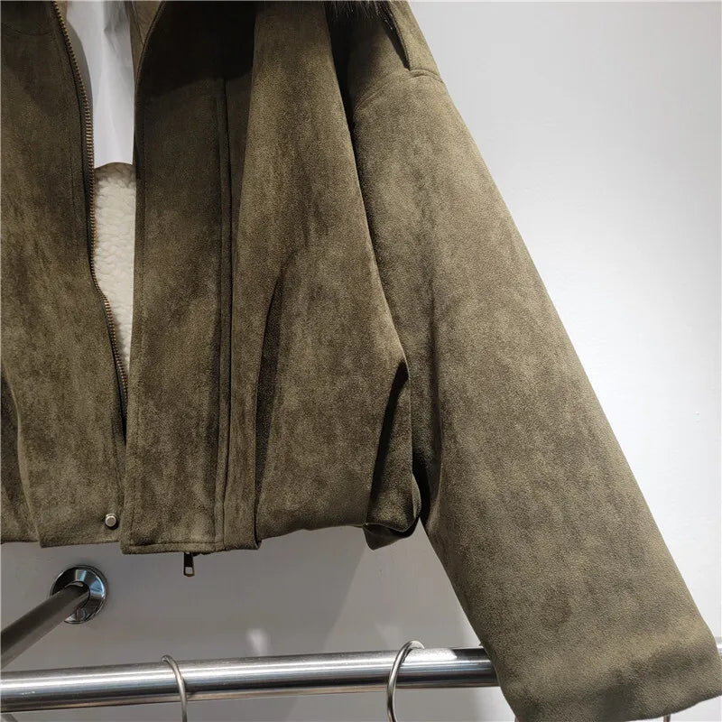 DEAT Women's Suede Coat Detachable Fur Collar Thick Plush Warm Female Short Style Jackets 2026 Winter New Fashion 29A3803