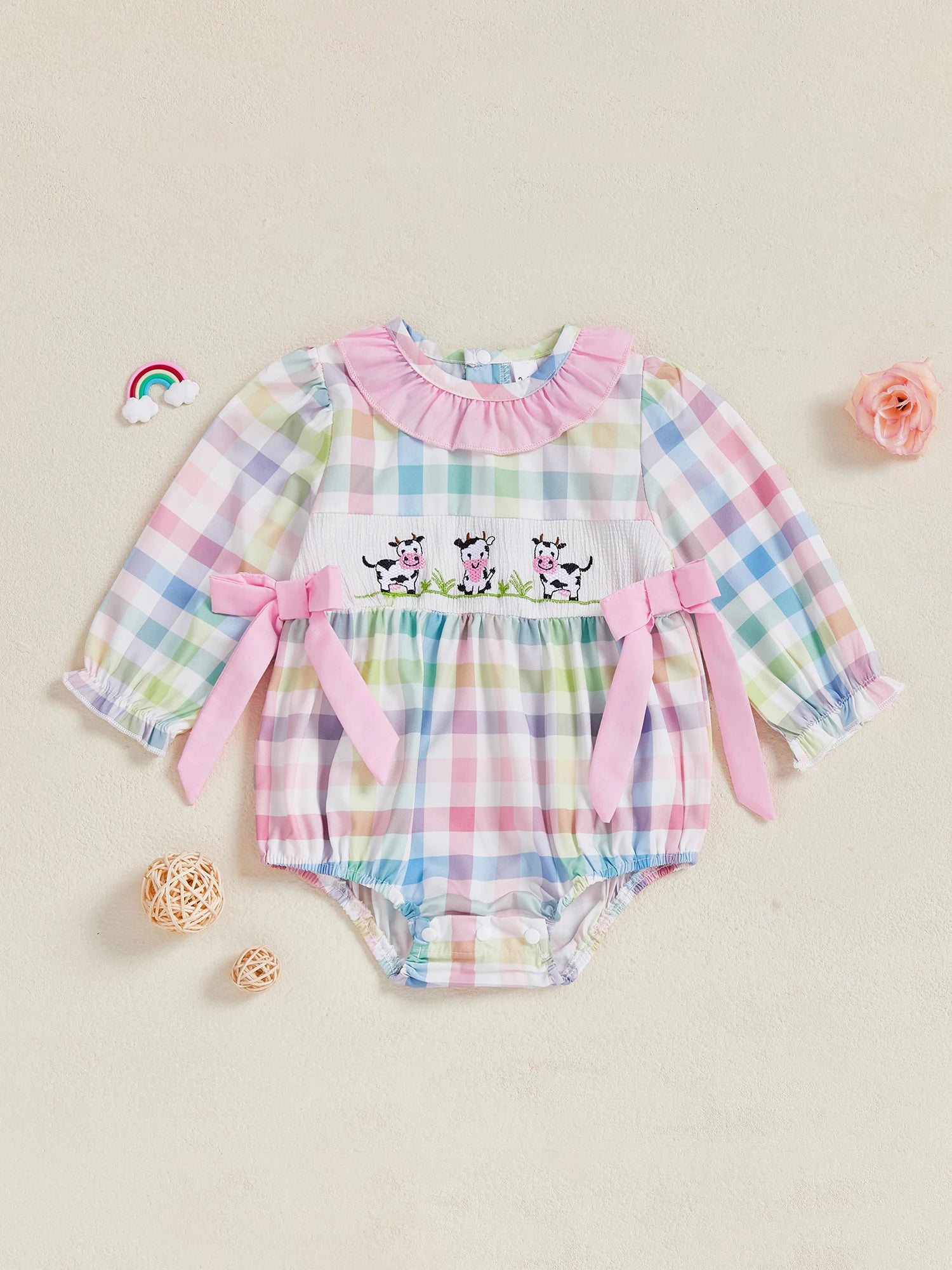 Adorable Toddler Plaid Overall with Cow Embroidery and Bow Detail - Long Sleeve Farm Animal Jumpsuit for Baby Girl