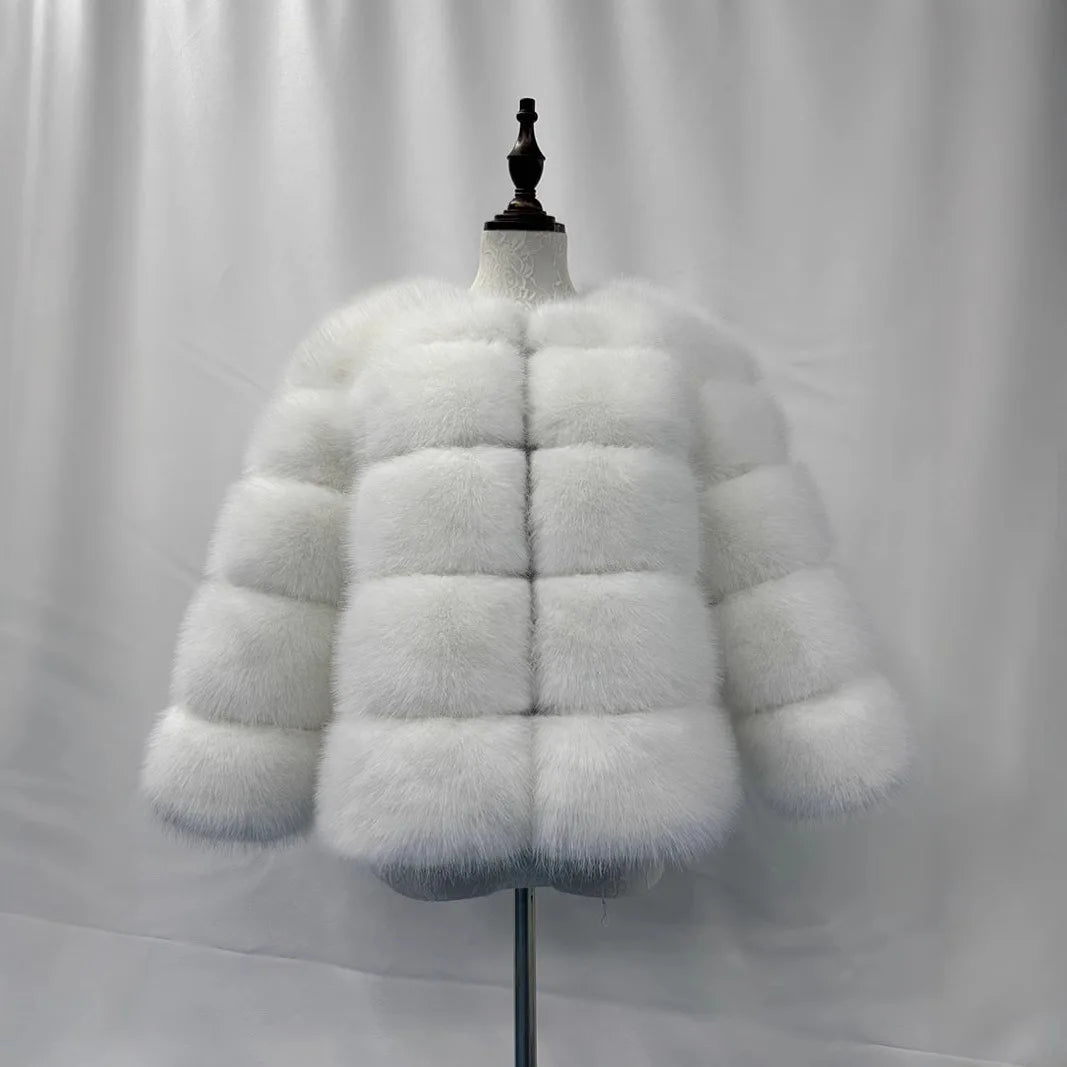 Women Faux Fox Fur Coats Zipper Short Coat Jackets Elegant Thick Warm Solid Jacket Lady Furry Outerwear Elegant Splice Winter