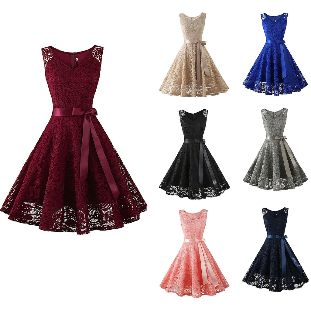 Pink Lace Party Wedding Dresses for Women Solid Sleeveless Elegant Gown Bridesmaid Prom Party A Line Dress Hollow Lace Up Robe