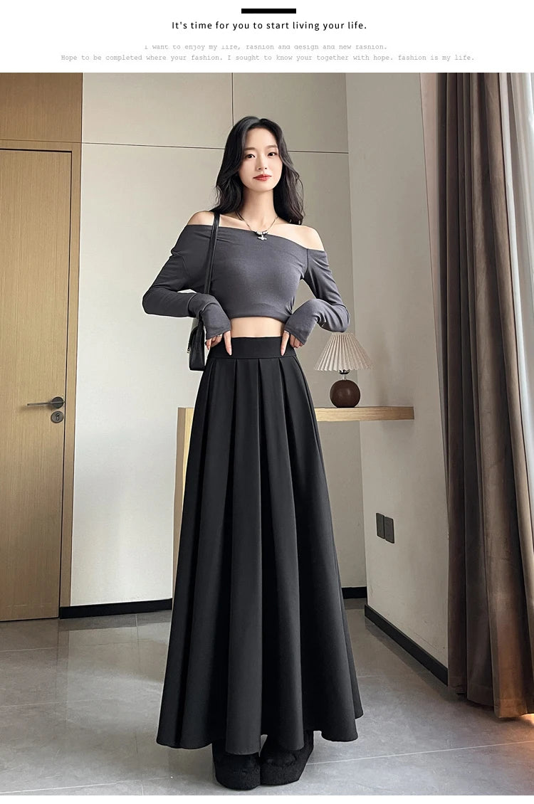 Beiyingni Women Long Suit Maxi Pleated Black Skirts Korean Fashion 2024 Autumn High Waist Slim A-line Skirt Ladies Gray Faldas