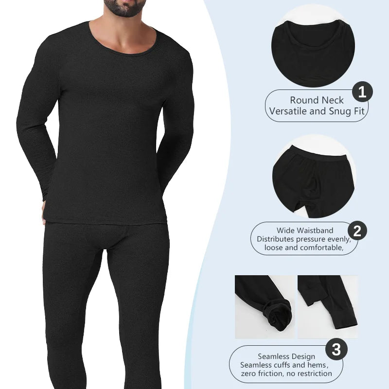 Winter Autumn Men Thermal Underwear Set Warm Long Johns Round Neck Long Sleeve Top Breathable Base Layer Soft Compression Bottom