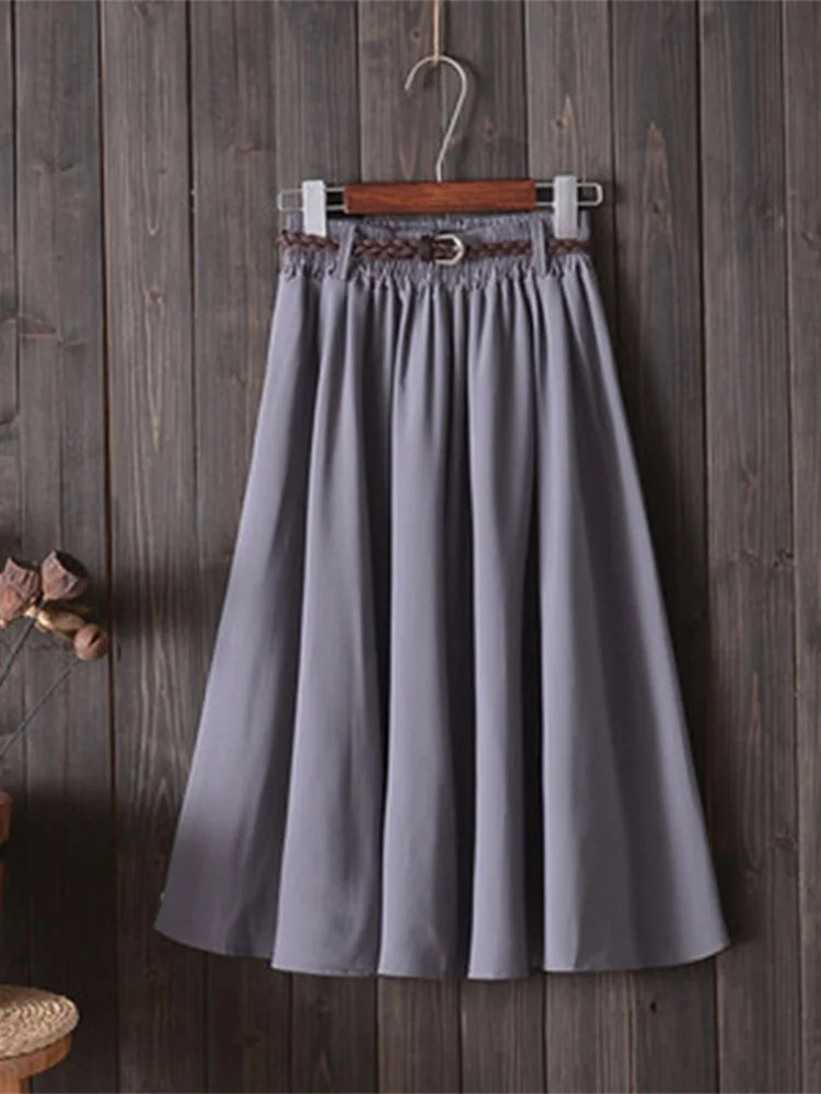 Midi Knee Length Summer Skirt Women With Belt 2025 Fashion Korean Ladies High Waist Pleated A-line School Skirt Female