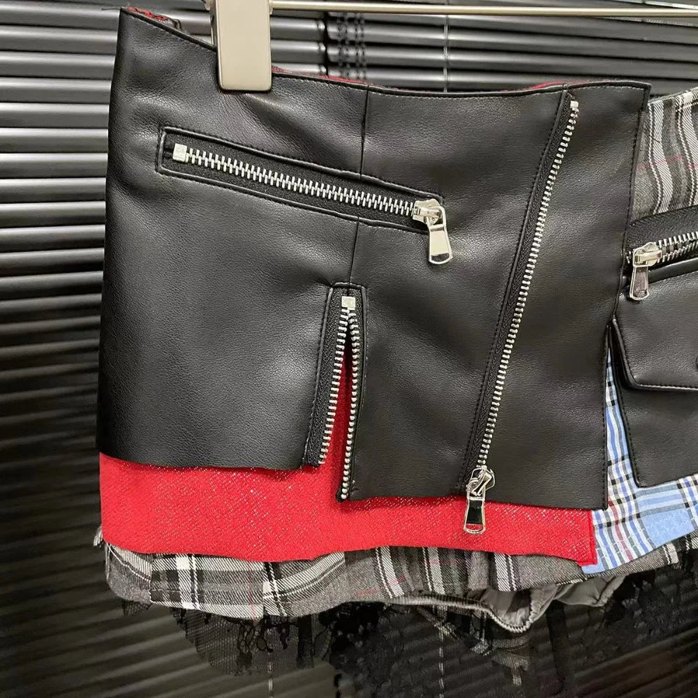 FLARORA Fashion Y2k Patchwork Plaid Design Skirts Woman High Waist Zip Pocket Mini Pleated Skirt Trendy Female Street Bottoms