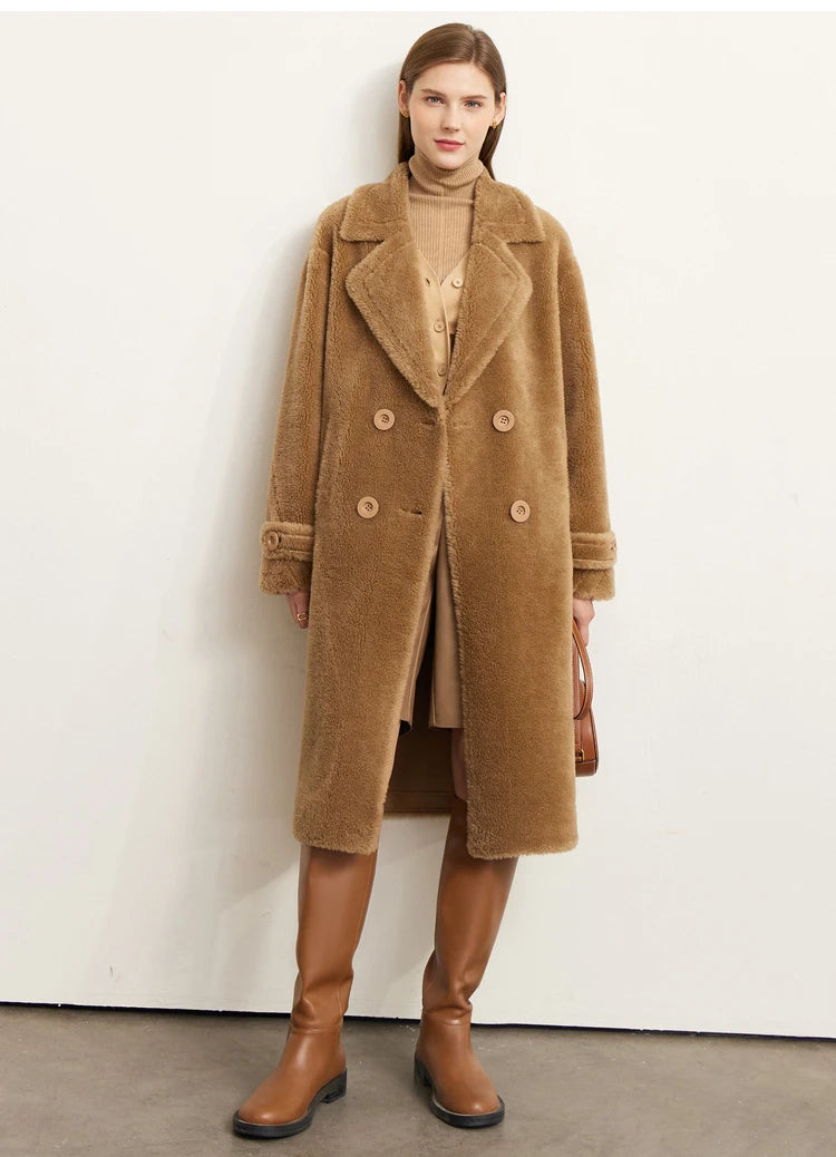 Amii Fur Coat 2025 Winter New Warm Office Lady Turn-Down Collar Full Wool Outerwears Straight Double-breasted Coat 12554013