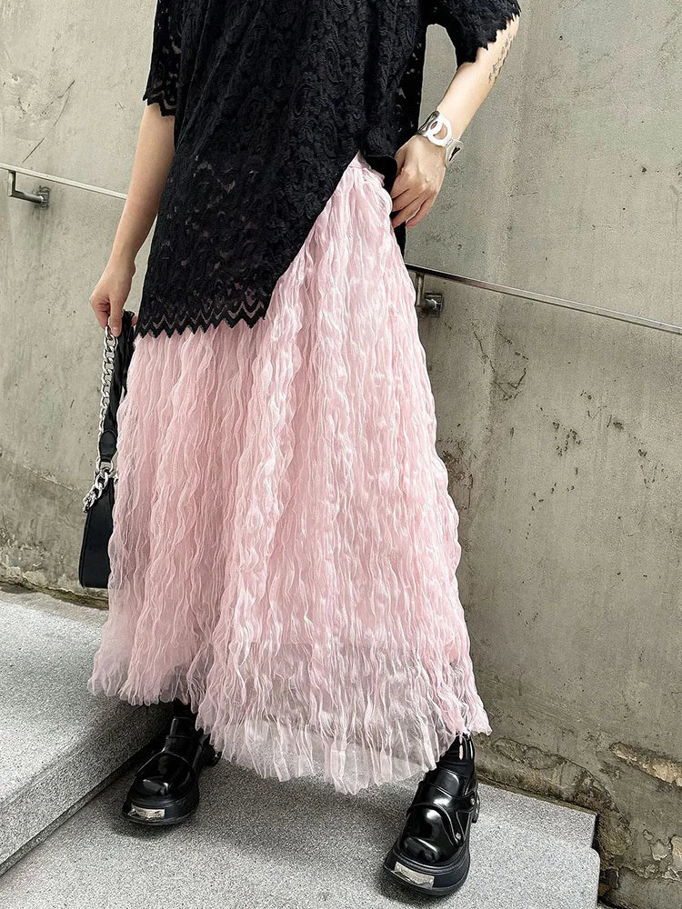 [EAM] High Elastic Waist Black Pleated Mesh Casual A-line Half-body Skirt Women Fashion Tide New Spring Autumn 2026  1DH5148