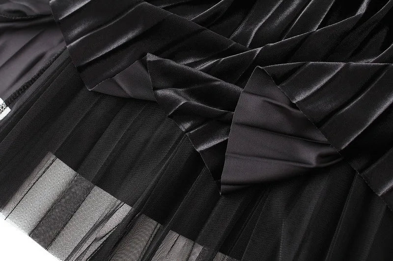 Luxury Velvet Pleated Skirts For Women 2024 Summer Fashion Women's High Waist Mesh Midi Skirt Female Elegant  Solid A-Line Skirt