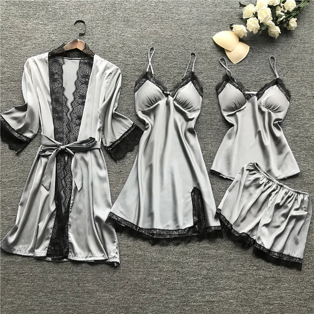 Large Size 4 Piece Women Pajama Sets Sexy Lace Embroidery Robe With Nightdress Outfits Loungewear Satin Silky Pyjama Sets