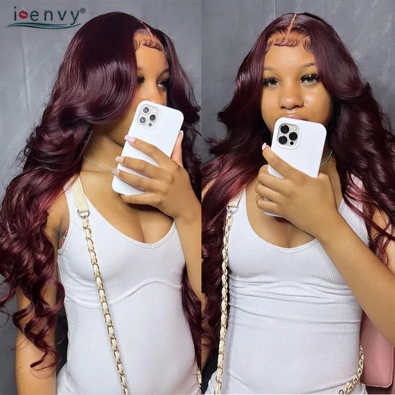 13X4 HD Transparent Lace Front Wigs Burgundy Red Human Hair Wigs PrePlucked 13X6 32Inch Body Wave Lace Front Wig For Women Curly
