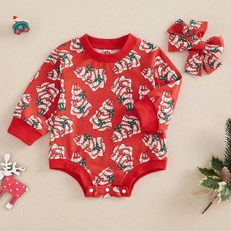 Toddler Baby Girls Sweatshirt Romper Christmas Tree Print Long Sleeve Jumpsuits and Cute Headband Set Infant