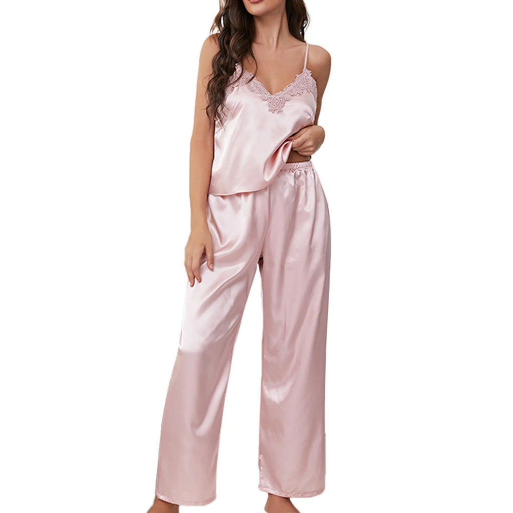 Women'S Satin Pajamas Set Autumn Winter Sleeveless Top Long Pants Sleepwear 2 Piece Set For Women Casual Home Loose Pajamas Set