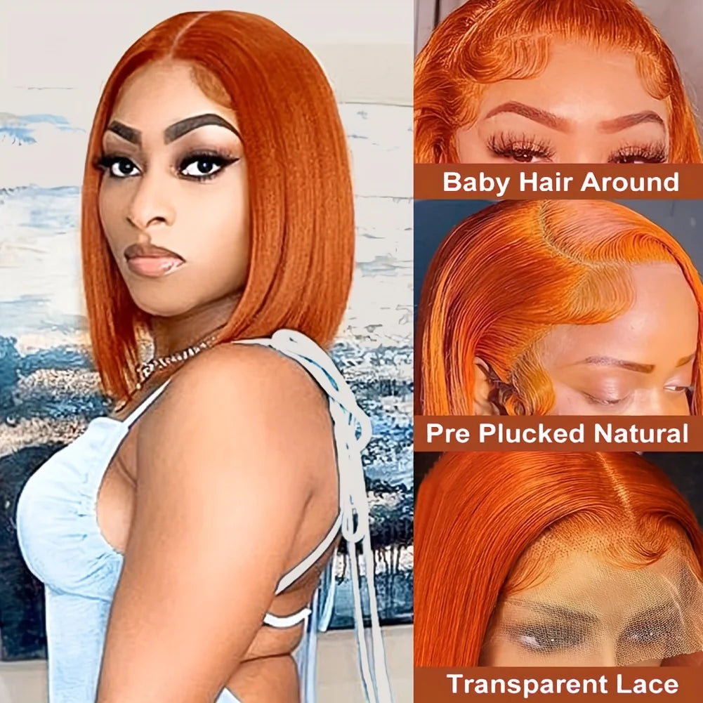Ginger Bob Wig real Hair 13x4 high definition lace forehead, Orange Bob Wig Straight Hair