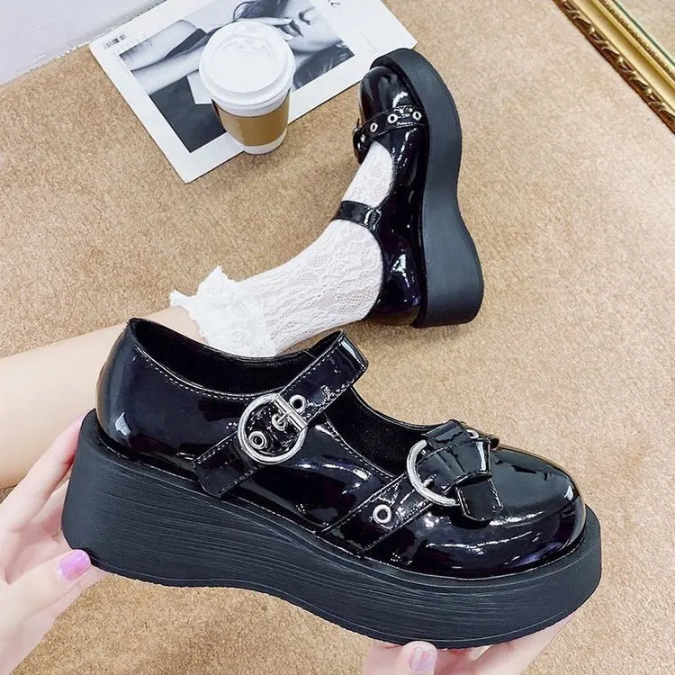 Women heels Lolita shoes platform mary jane Shoes Star Buckle Strap Mary Janes Women Cross-tied Girls Rivet Casual Shoes kawaii
