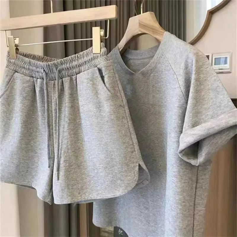  2 Piece Set Women Summer Loose Short Sleeve T-Shirt Casual Shorts Sports Print Letter Casual Suit Large Size Short Pajamas