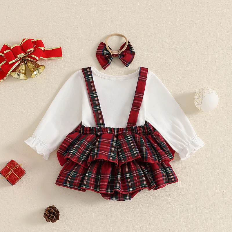 2024-08-08 Lioraitiin Baby Girls 3Pcs Christmas Outfits Long Sleeve Tops + Suspender Romper Dress + Headband Set
