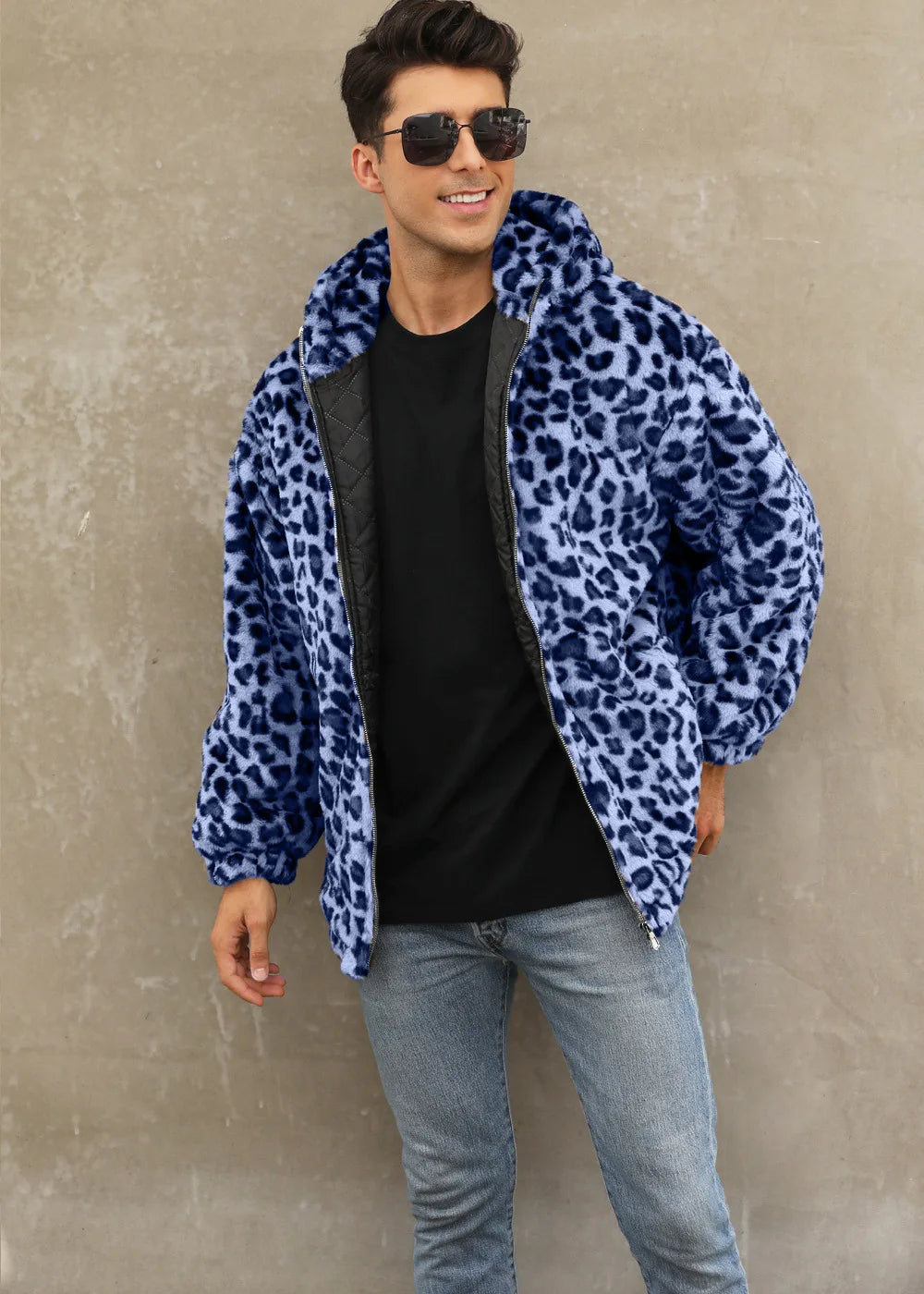 Autumn and Winter Warm Plush Leopard Print Jacket Imitation Fur Zipper Hooded Jacket for Men