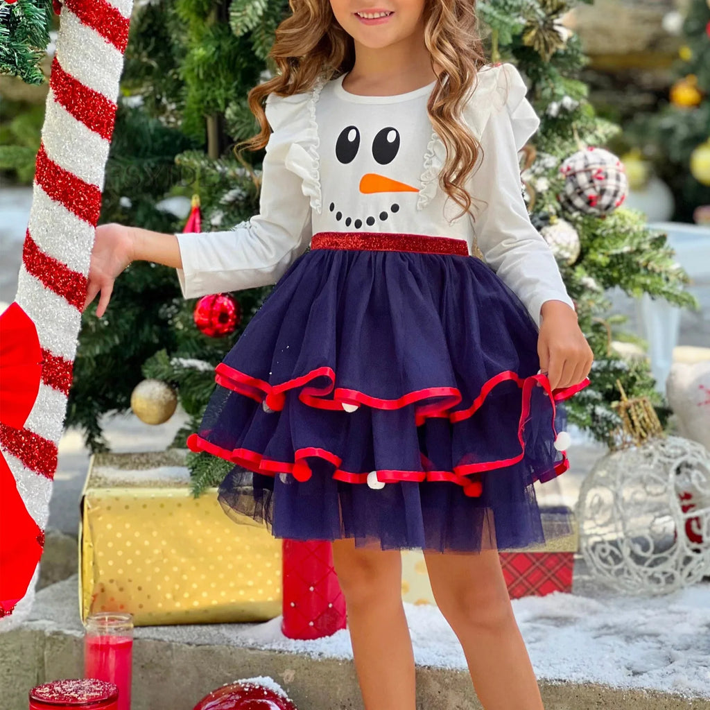 Little Girls Easter Dress Kids Children Girls Dress Christmas Long Sleeve Cartoon Snowman Tree Prints Dress Little Girls Size 4t