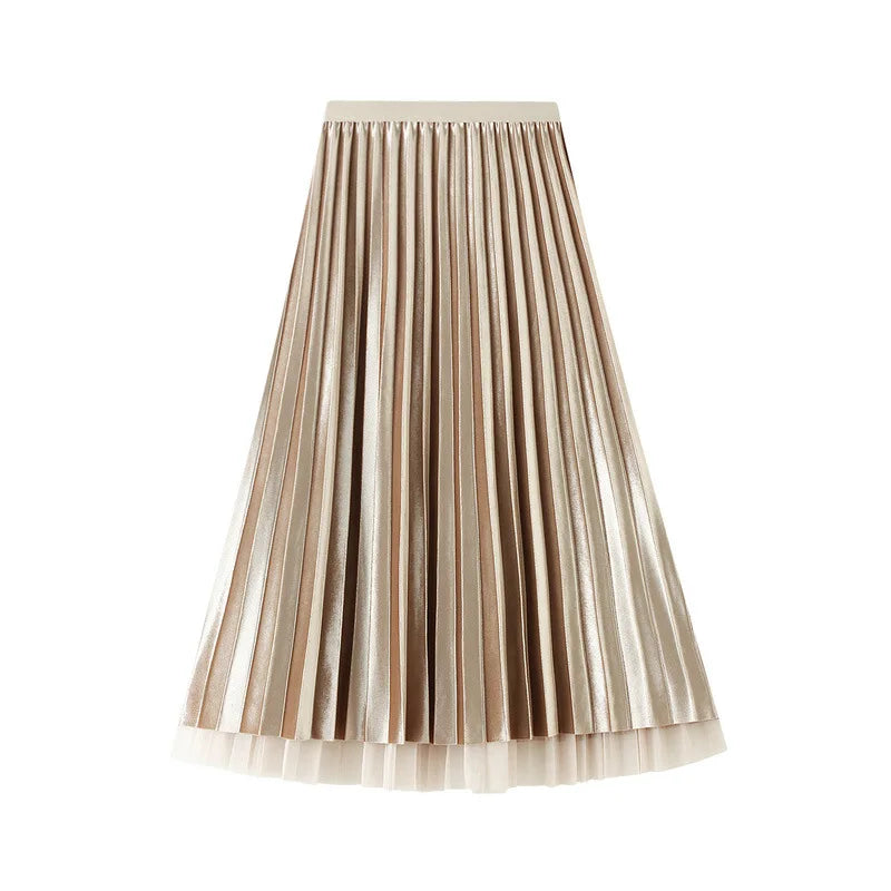 Luxury Velvet Pleated Skirts For Women 2024 Summer Fashion Women's High Waist Mesh Midi Skirt Female Elegant  Solid A-Line Skirt