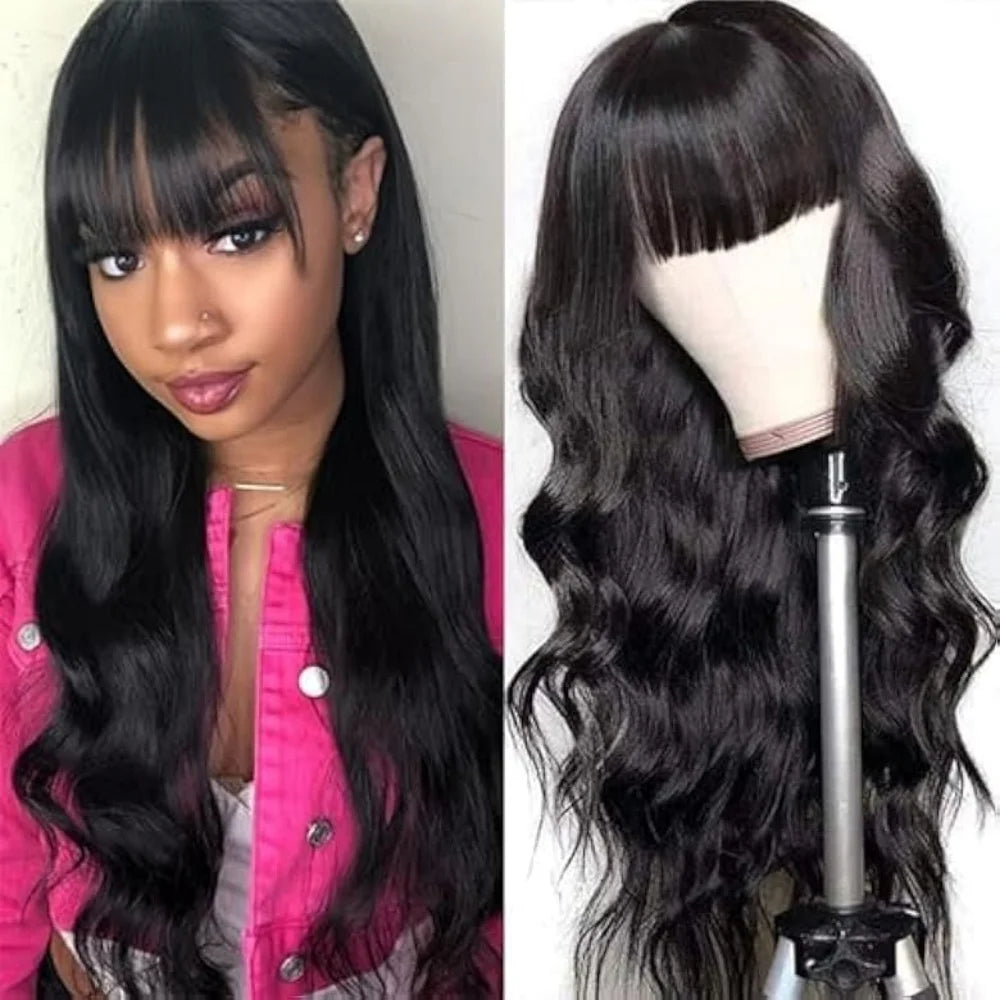 Body Wave Human Hair Wig with Bangs Middle Part 3x1 Lace Frontal Wig with Bangs Brazilian Human Hair Body Wave 34 Inch for Women