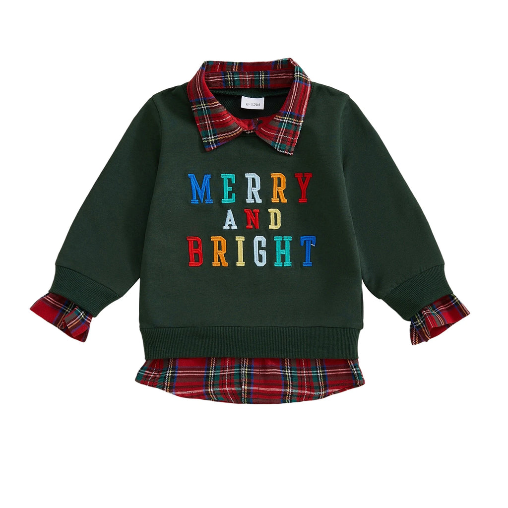 Lioraitiin Kids Boys Girls Sweatshirt Long Sleeve Embroidery Letters Patchwork Hoodie Pullover Christmas Costume Tops