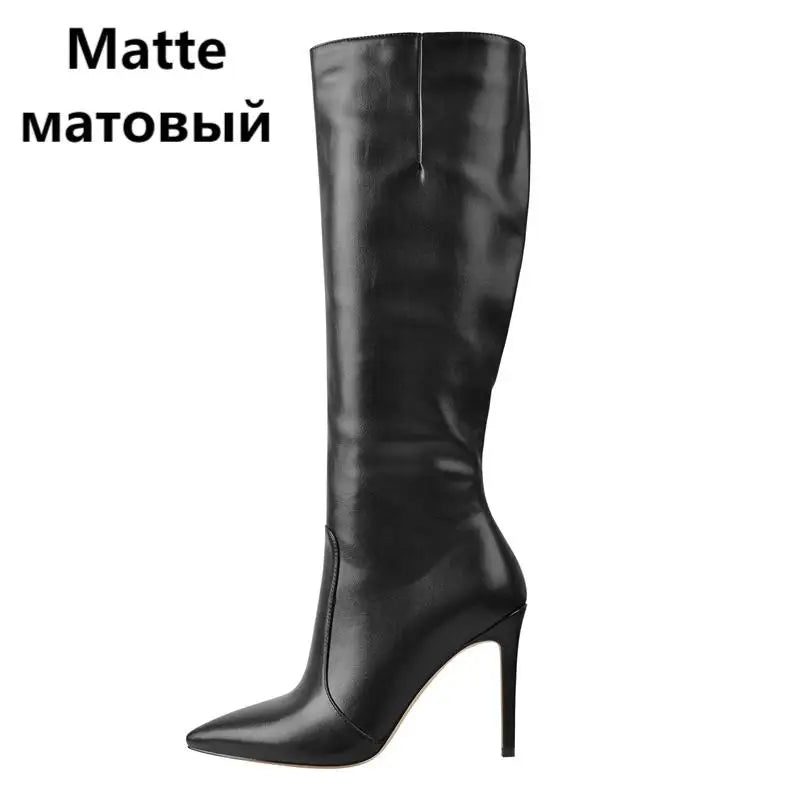 Onlymaker Pointed Toe Knee High Boots Stiletto High Heels Soft PU Leather Flock Concise Side Zipper Big Size Fashion Boots
