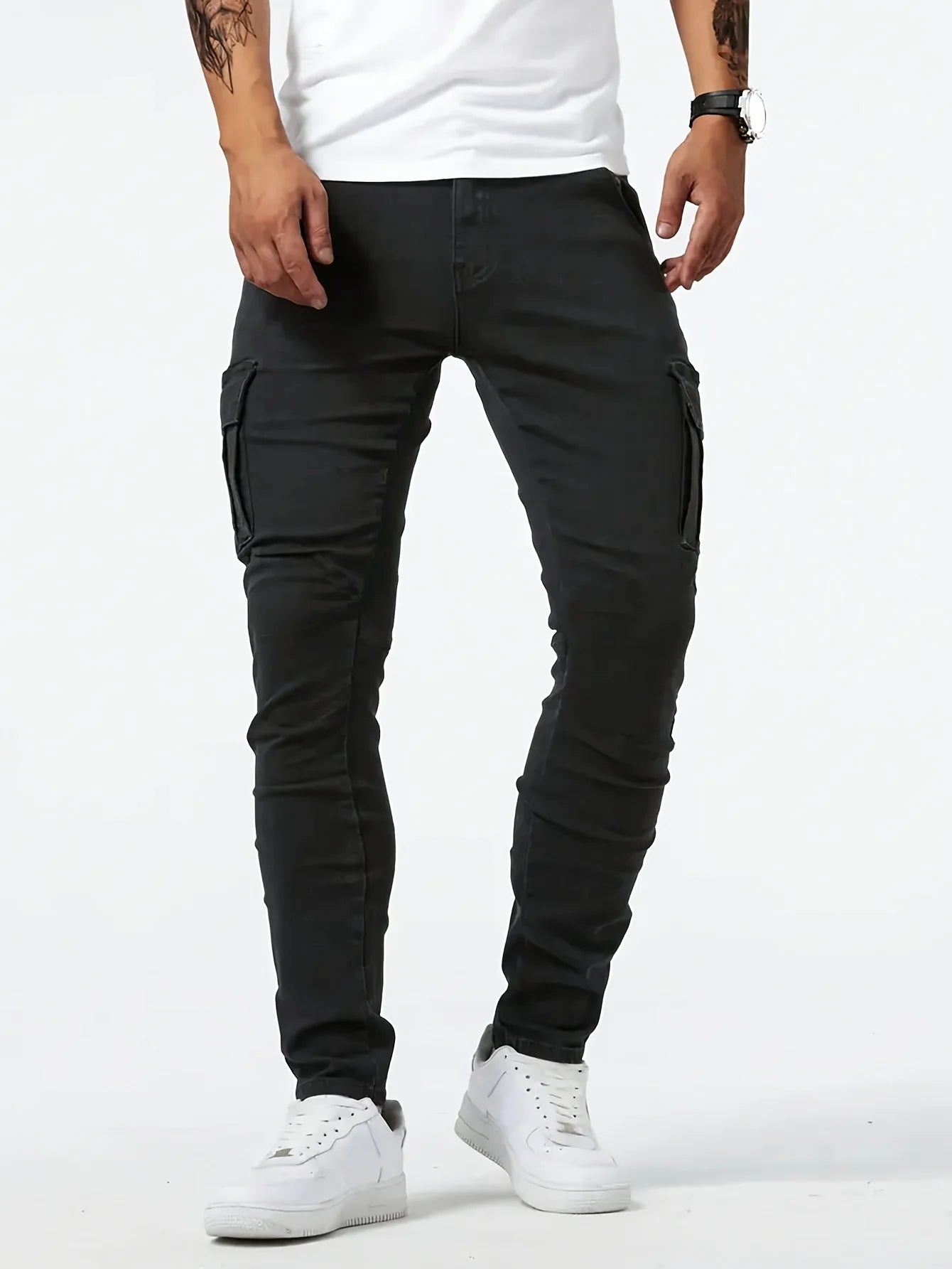 Men's workwear multi pocket jeans, casual street style straight leg denim pants