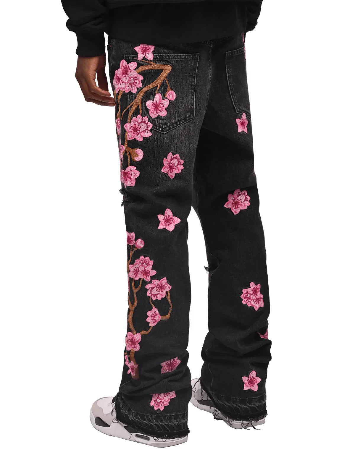 Men's high-street ripped jeans with floral embroidery patchwork, trendy street-style distressed flared jeans