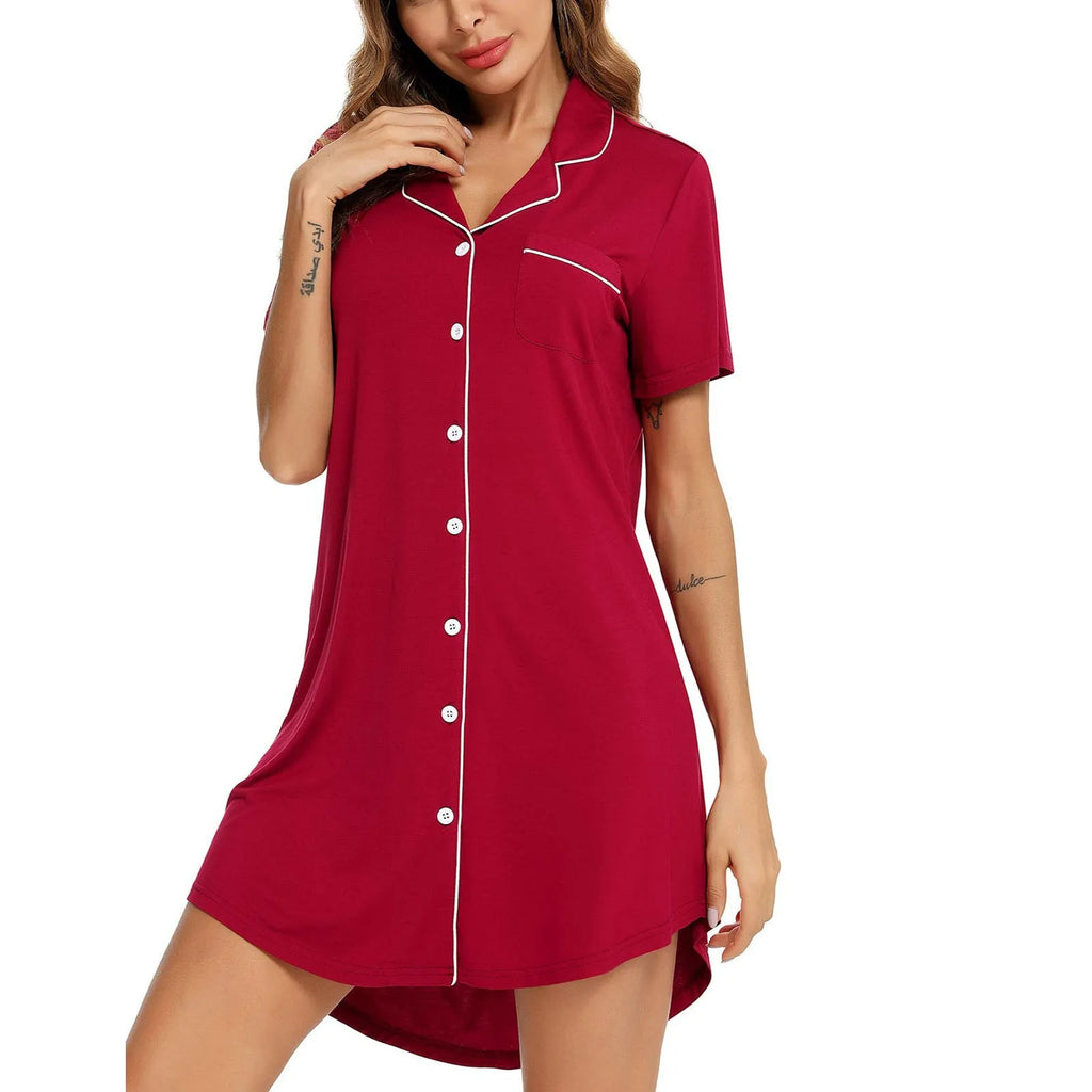 Pajama Nightgown For Women Short Sleeve Button Down Nightwear Top Sleep Shirts Solid Women'S Nightdress Ladies Sleepwear Home