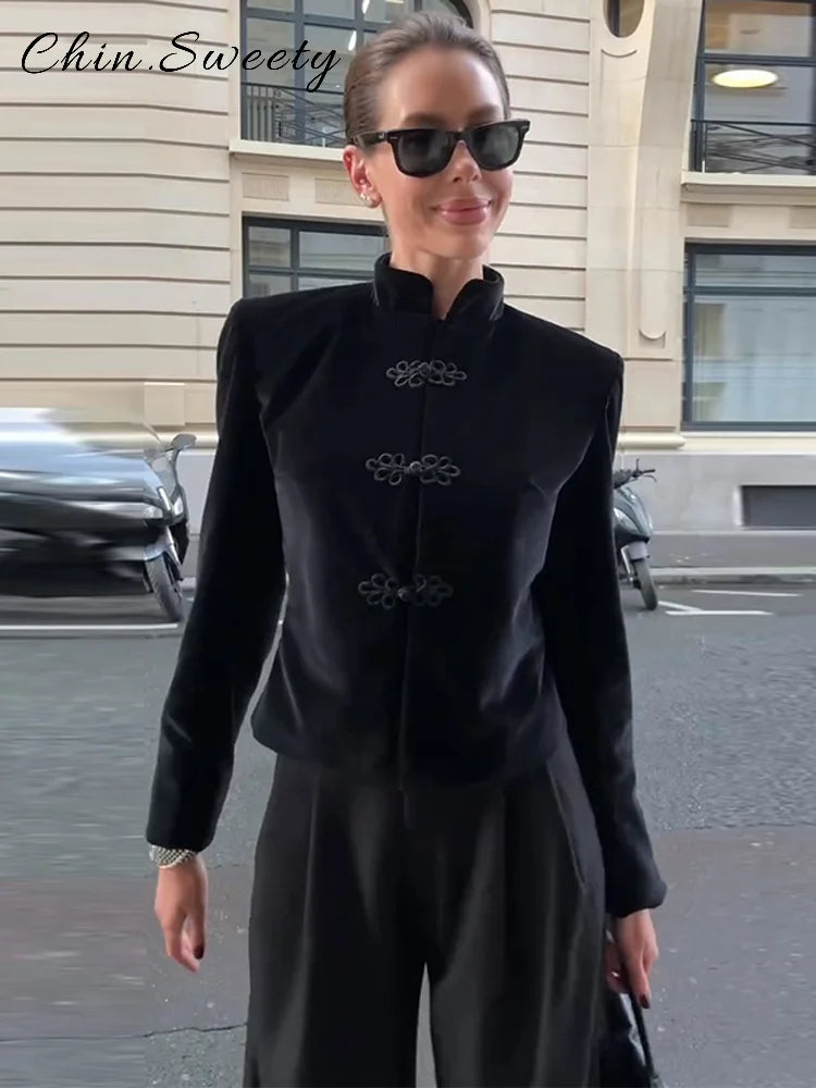 Vintage Stand Collar Velvet Frog Button Blazer Women Solid Long Sleeve Slim Cropped Jackets 2026 Spring Lady Fashion Outwear New