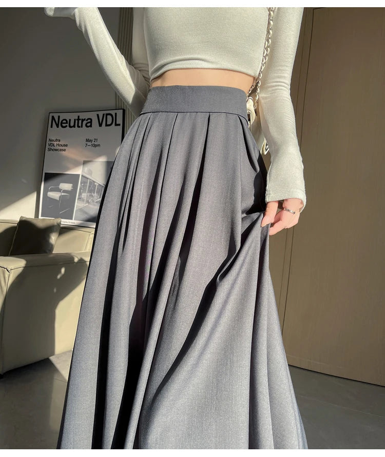 Beiyingni Women Long Suit Maxi Pleated Black Skirts Korean Fashion 2024 Autumn High Waist Slim A-line Skirt Ladies Gray Faldas
