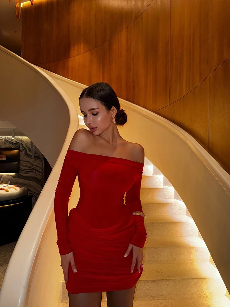 Party Dresses For Women Fashion Sexy Solid Full Sleeves Slash Neck Hip Wrap Folds Sheath Mini Vestidos Robes Female Streetwear