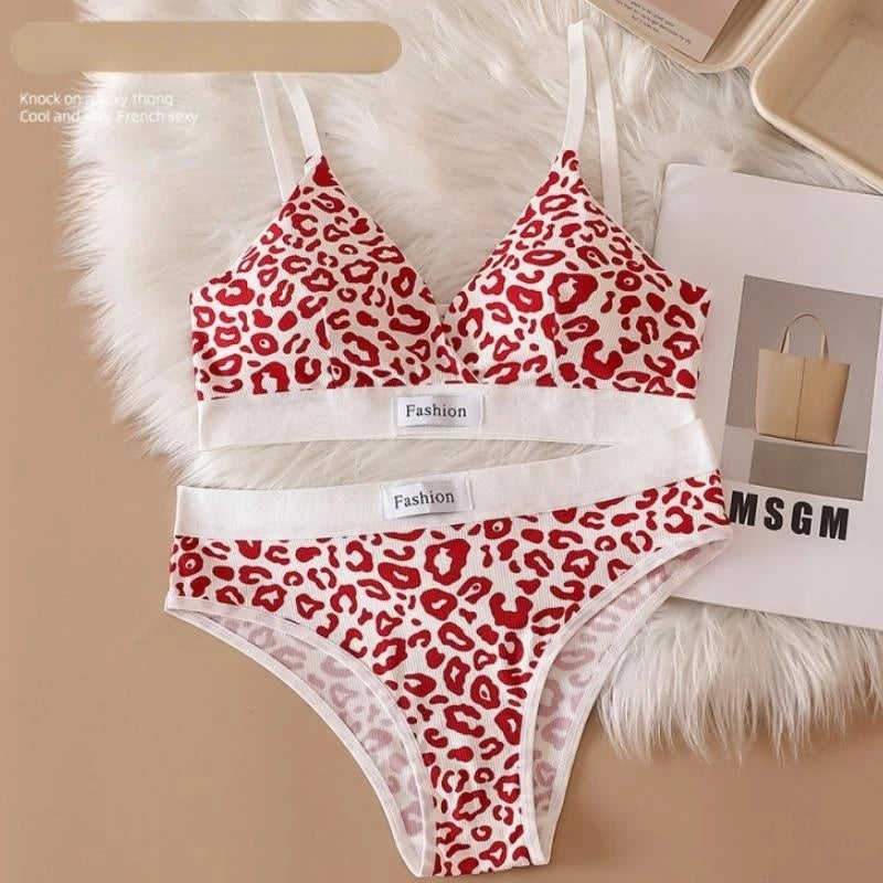 Women V-neck Bra And Panties Set Low Waist Panties Female Sexy Lingerie Set Leopard Print Cotton Bra Sport Underwear Set